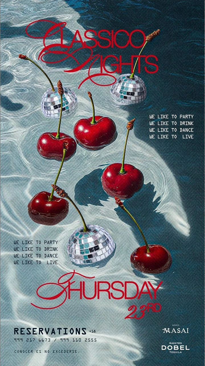 Hotel & Hospitality creative ad: Cherries and mini disco balls floating in pool water