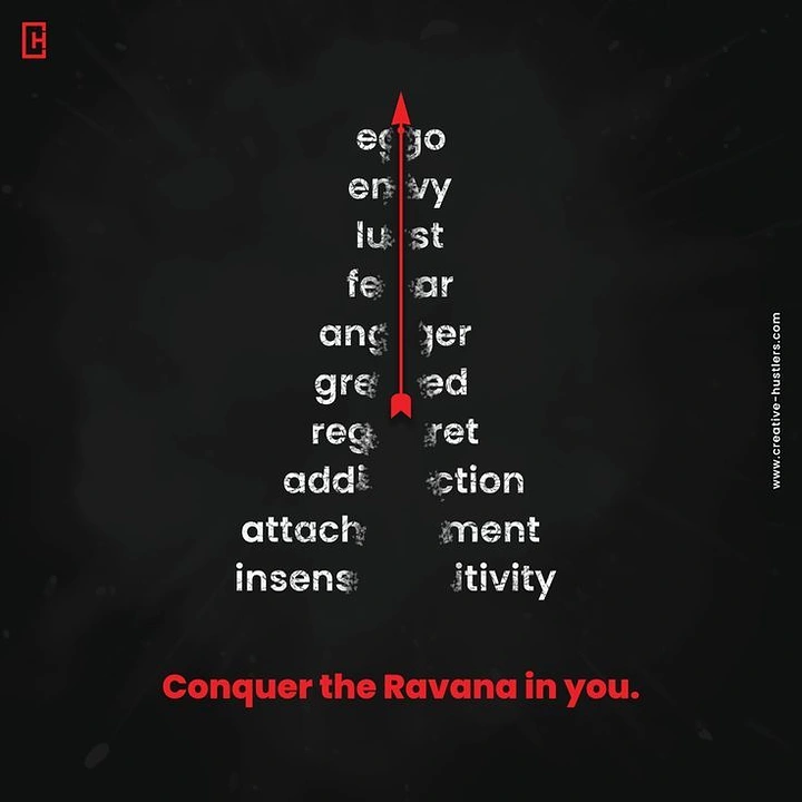 Dussehra creative ad: Red arrow splitting a stacked pyramid of vice words