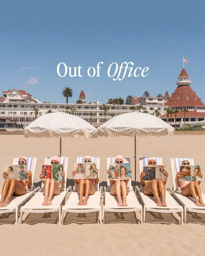 Hotel & Hospitality creative ad: Six women on beach loungers hiding faces behind vintage magazines
