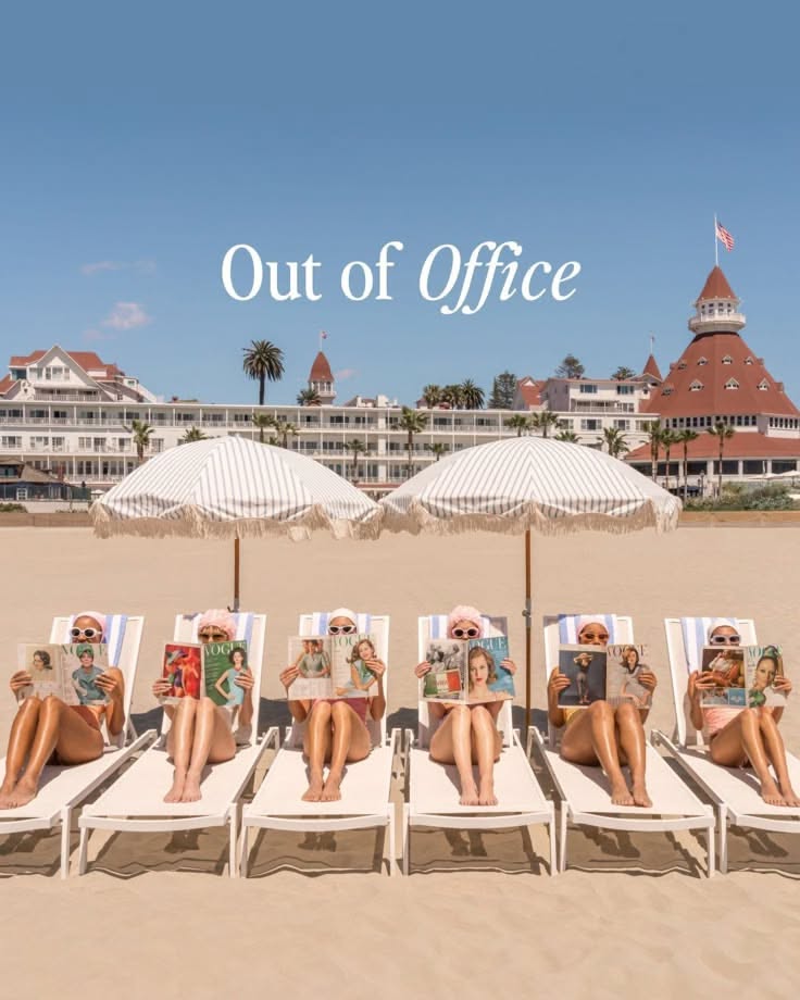 Instagram post: Six women on beach loungers hiding faces behind vintage magazines