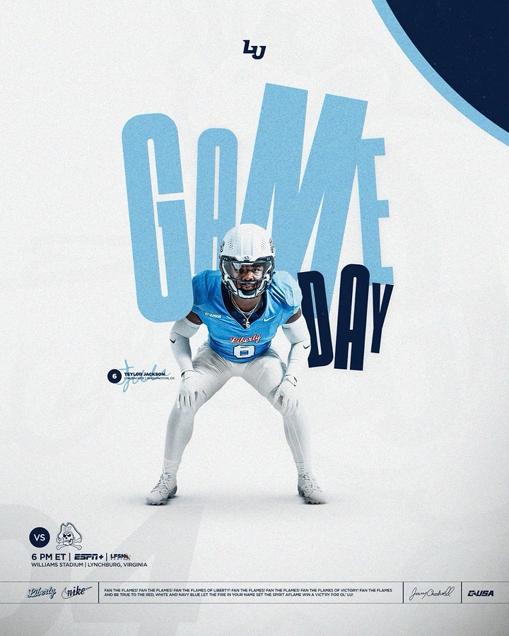 Creative ad: Football linebacker in a ready stance in front of giant game-day type