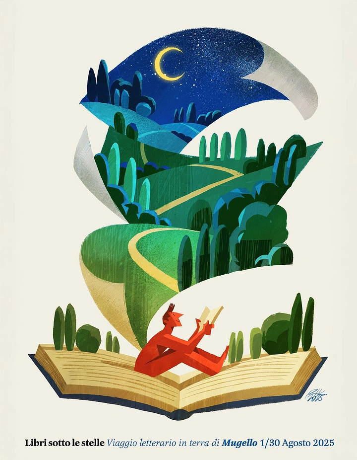 other-festival creative ad: A reader sitting on an open book beneath a layered landscape that rises into a starry night