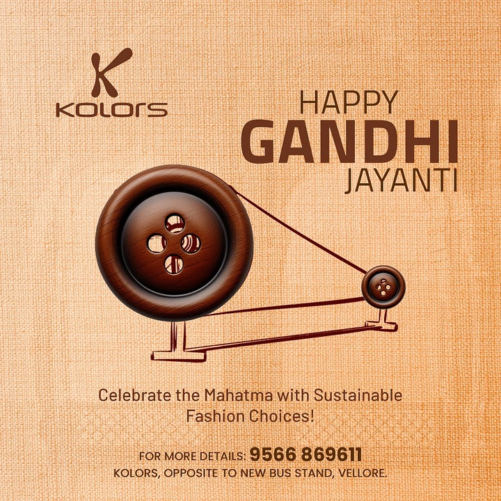 Gandhi Jayanti creative ad: Spinning wheel (charkha) built from two wooden buttons and line-drawn frame