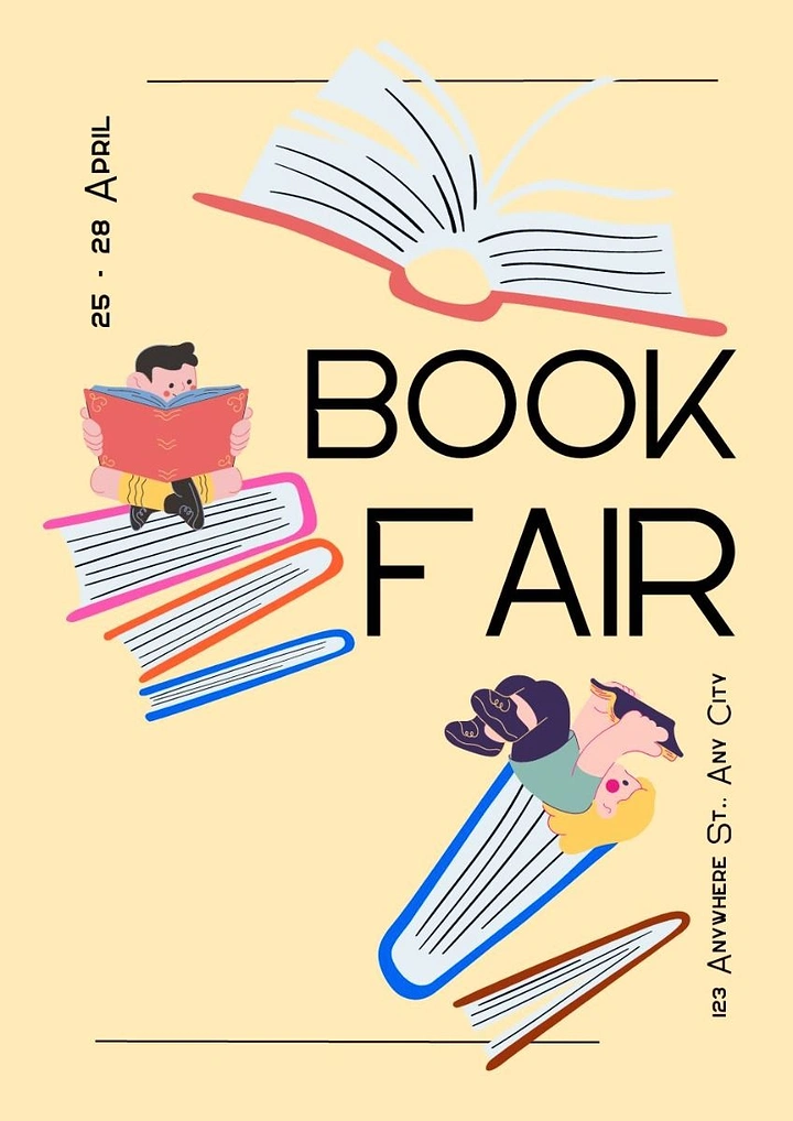 Bookstores creative ad: Kids riding flying books, imaginative composition
