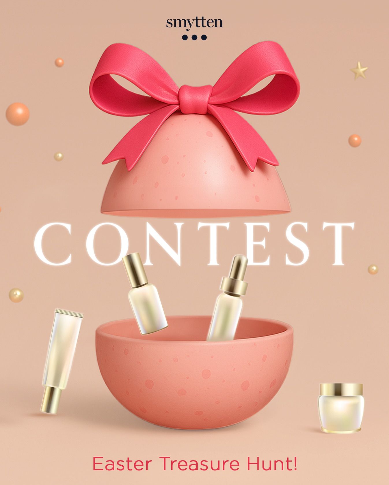 Open 3D pink egg releasing skincare bottles