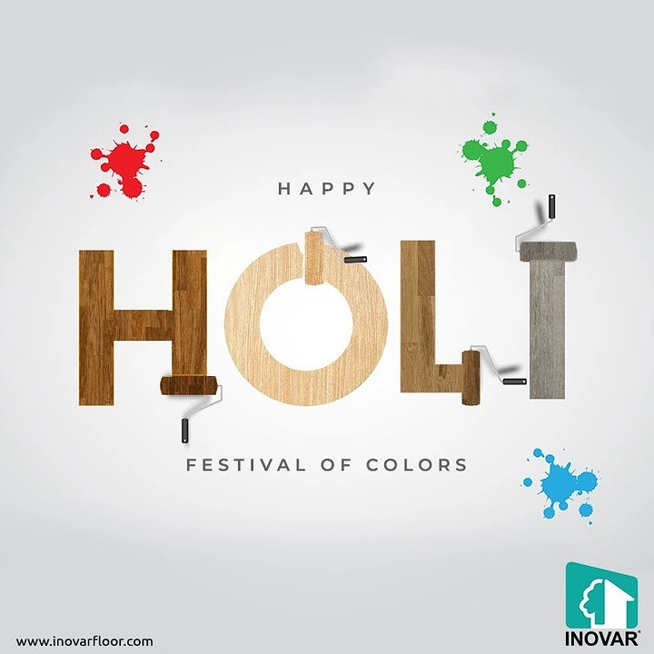 Holi creative ad: HOLI spelled in wood-textured letters with paint rollers