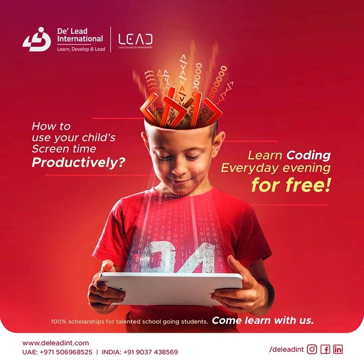 Computer Training Institutes creative ad: Boy with tablet, glowing code symbols erupting from open head