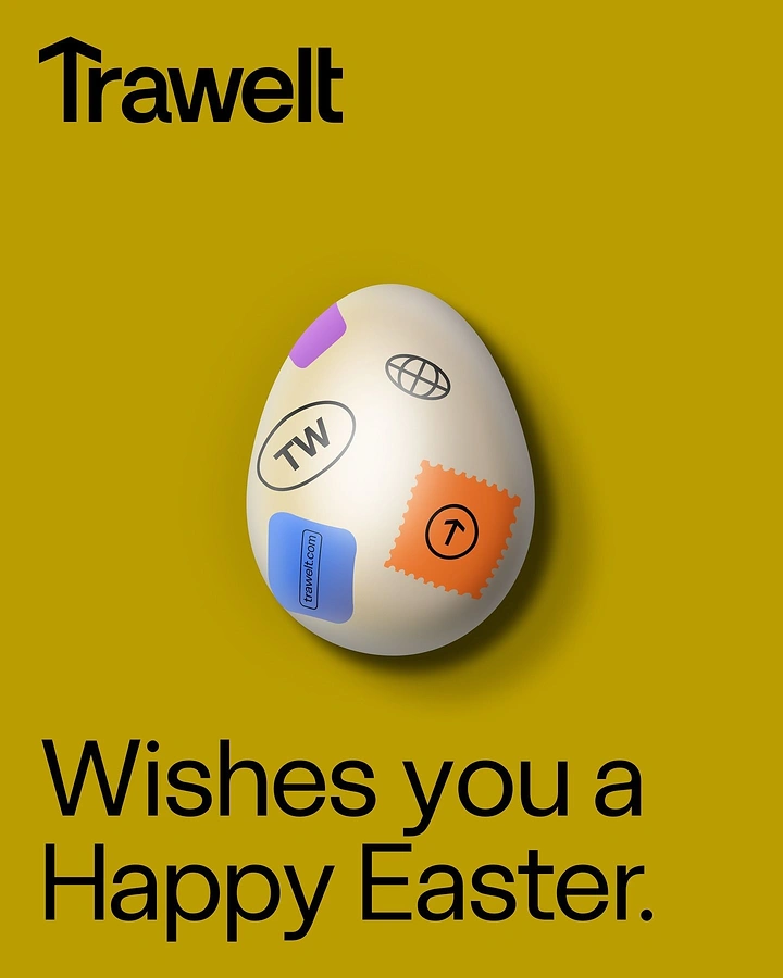 Easter creative ad: White egg covered in travel-brand stickers