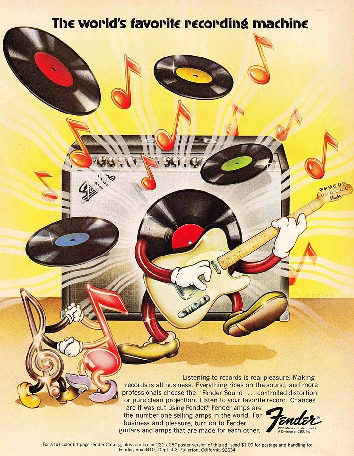 Musical Instrument Stores creative ad: Animated electric guitar and amplifier surrounded by flying vinyl records and musical notes