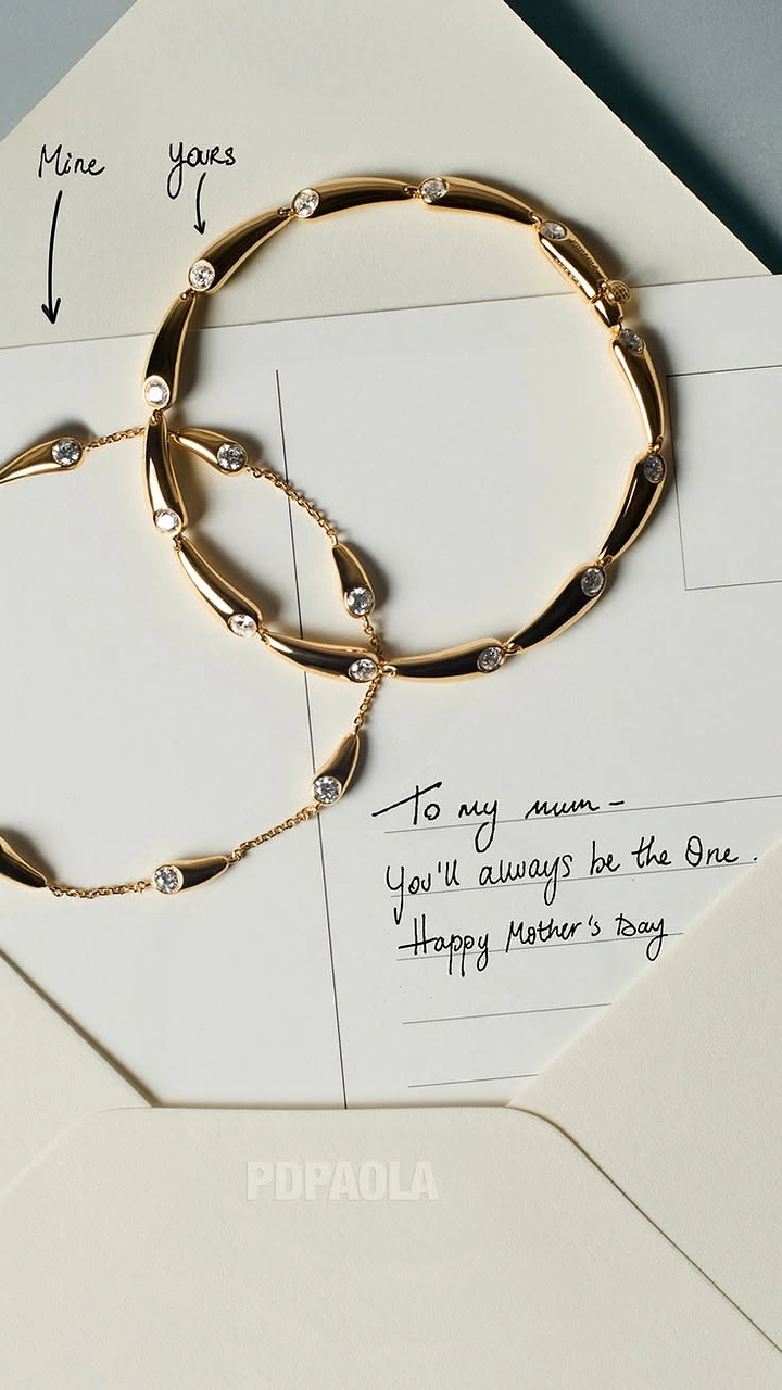 Mother's Day creative ad: Two interlinked gold crystal bracelets on a handwritten postcard