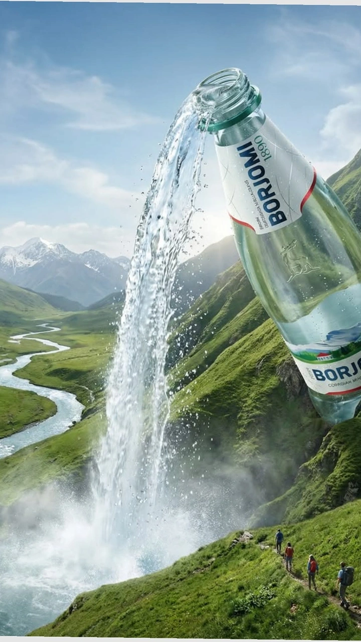 Packaged Drinking Water creative ad: Bottle pours water into landscape
