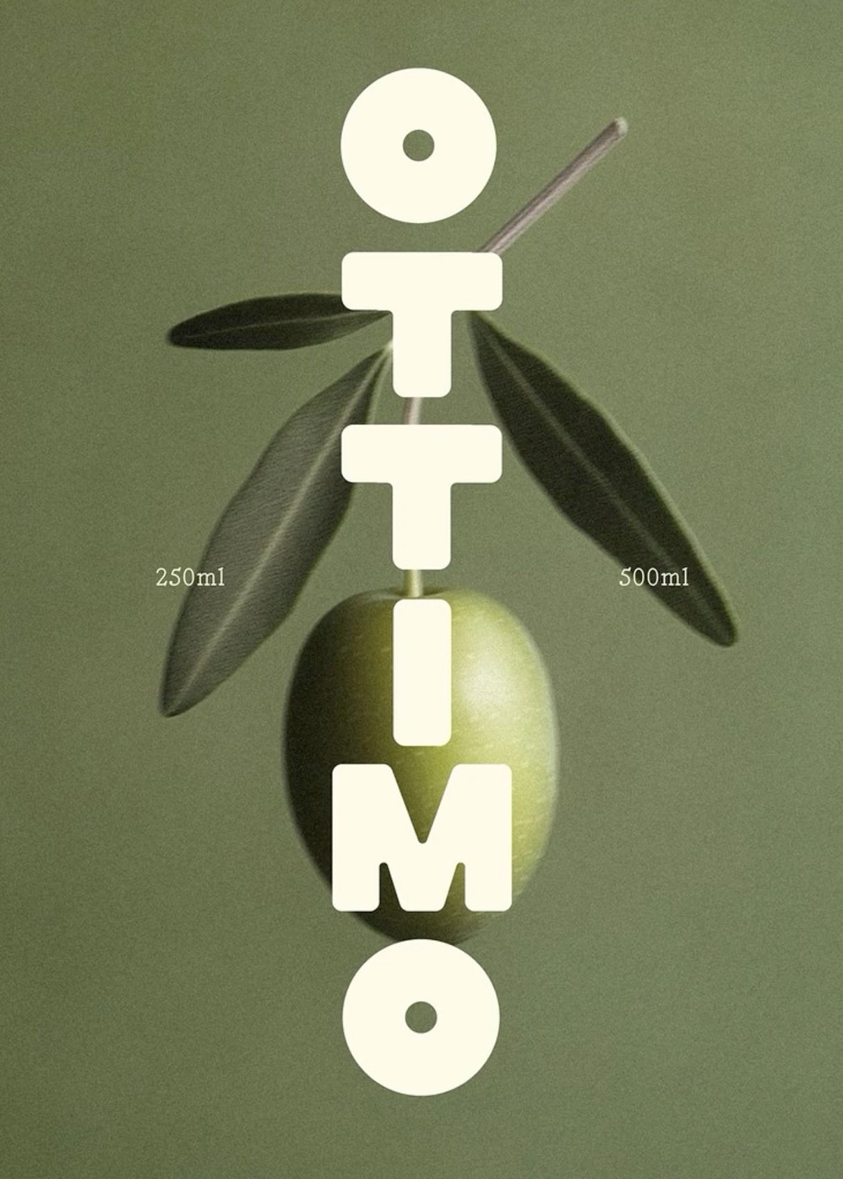 Poster: Single green olive on a leafy sprig with a vertical wordmark