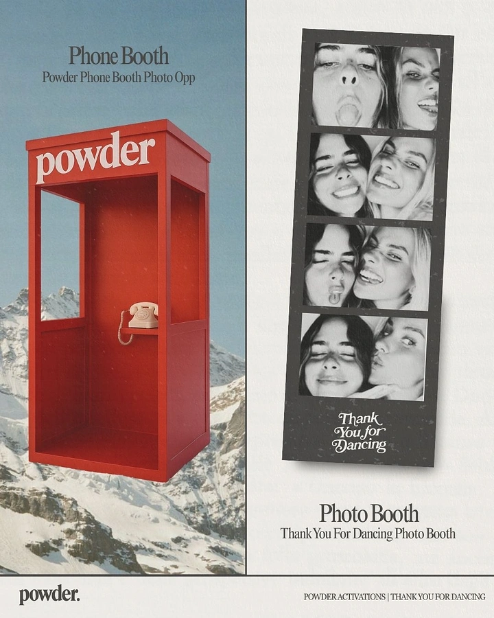 Photo Booth Rentals creative ad: Red booth in snowy powder landscape
