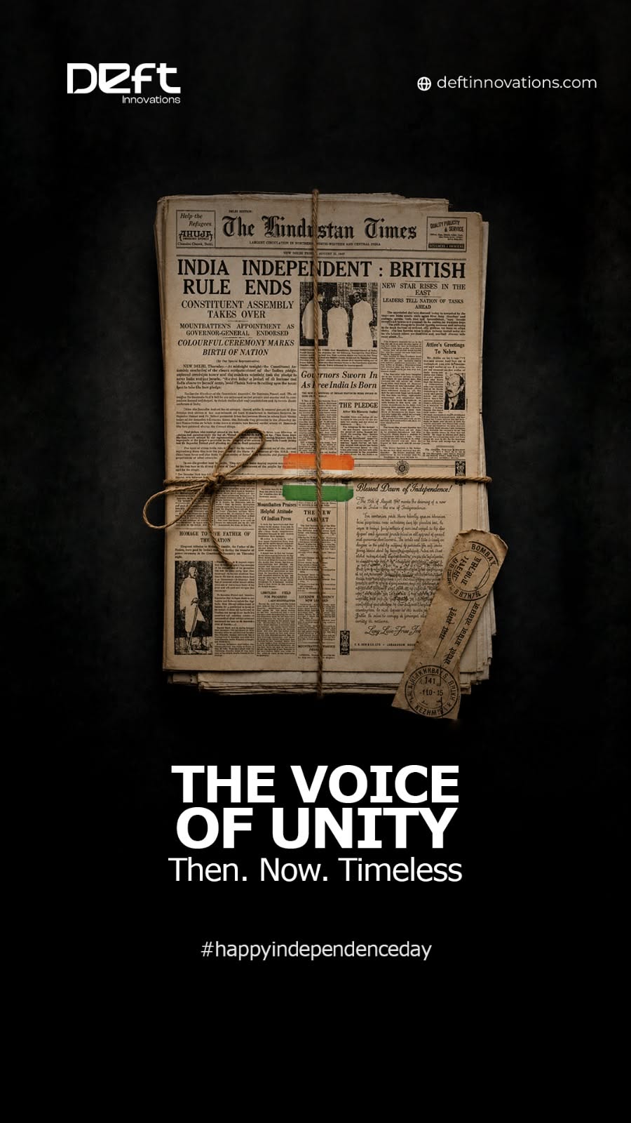 Twine-tied bundle of a 1947 independence-day newspaper