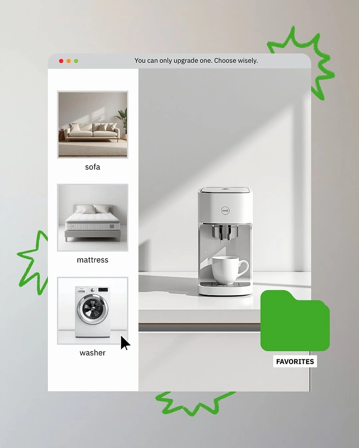Home Appliances creative ad: Choose-one-upgrade UI picker metaphor