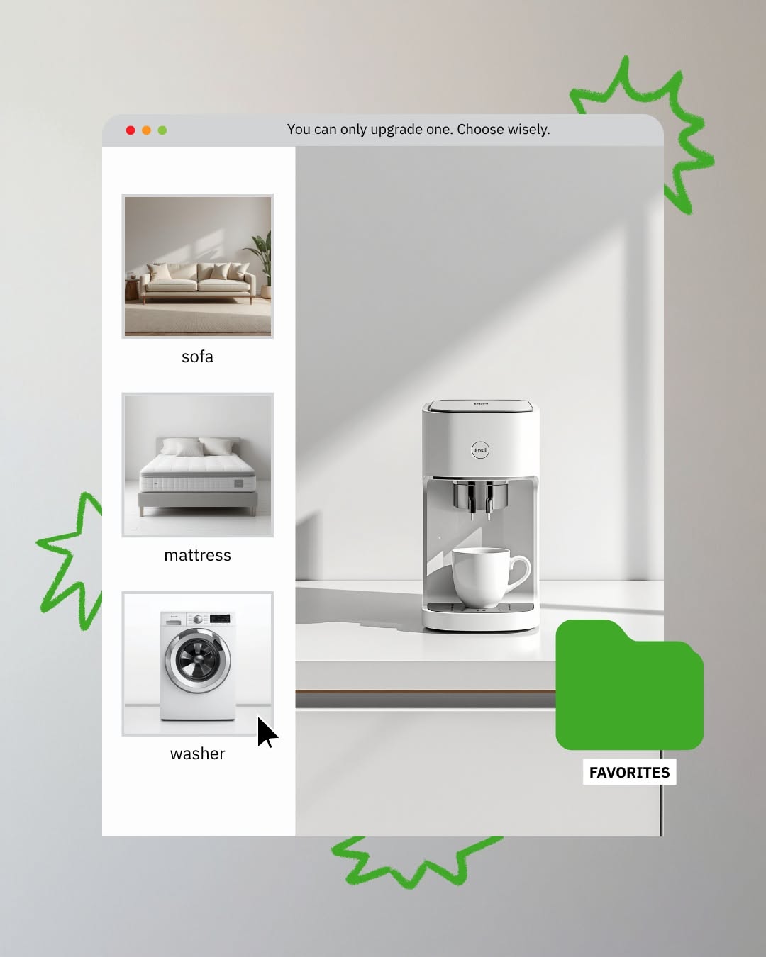 Instagram post: Choose-one-upgrade UI picker metaphor