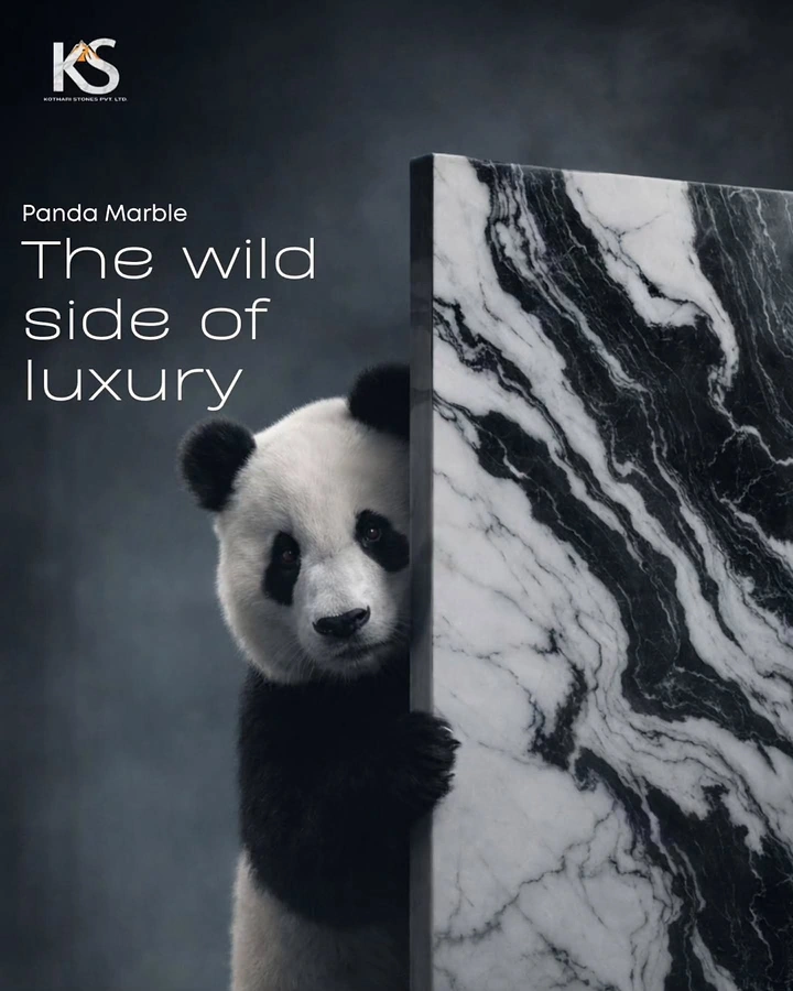 Cement, Steel & Building Materials creative ad: Panda peeking from behind a black-and-white marble slab