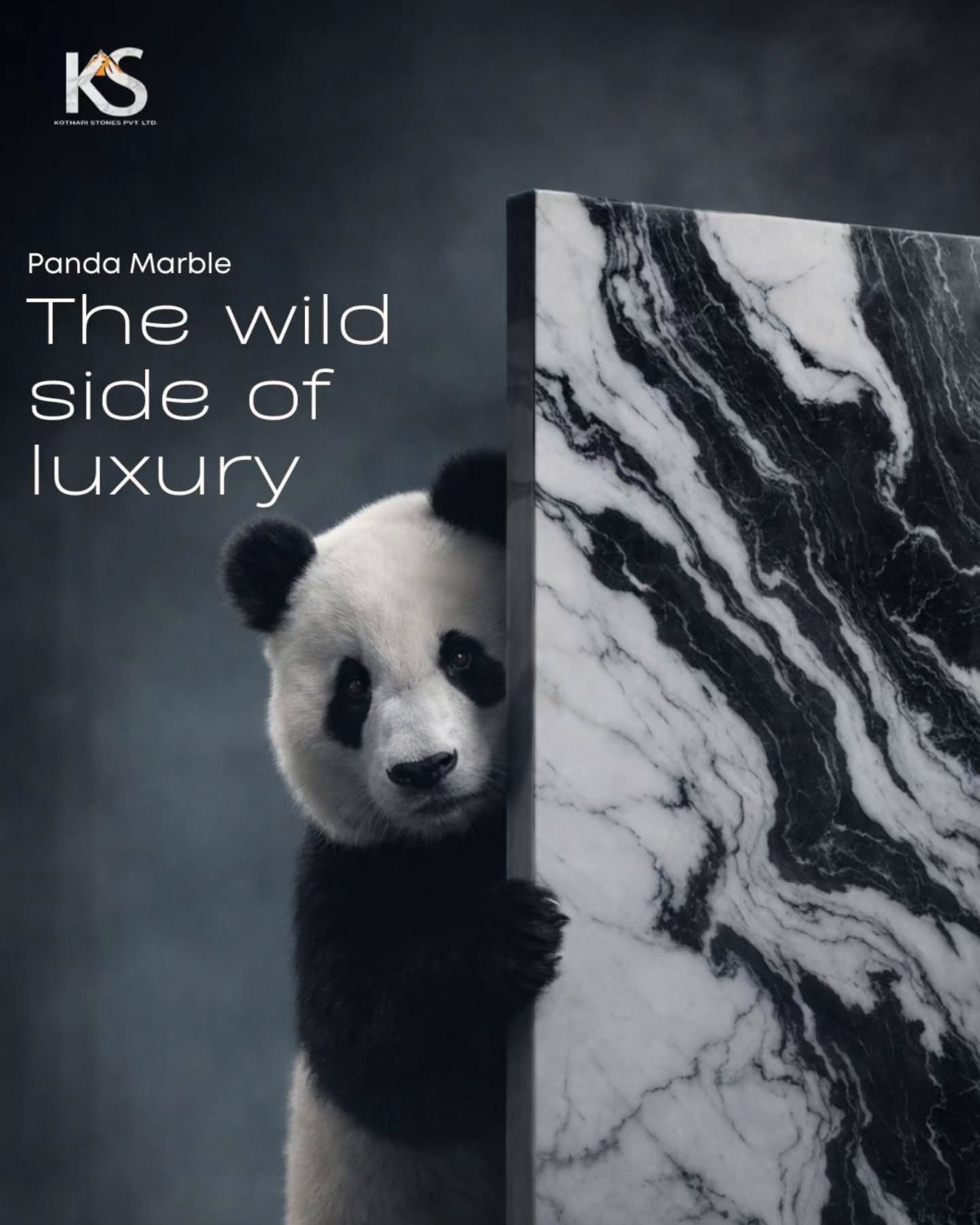 Instagram post: Panda peeking from behind a black-and-white marble slab