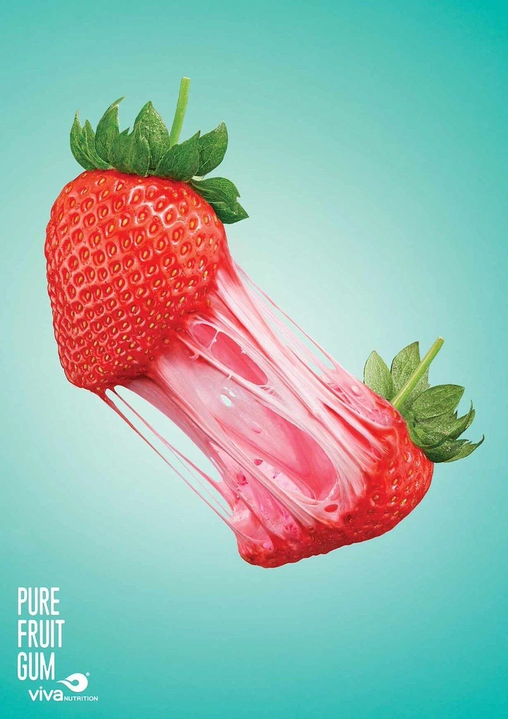 Chewing Gum & Mints creative ad: Stretching strawberry reveals fruit gum