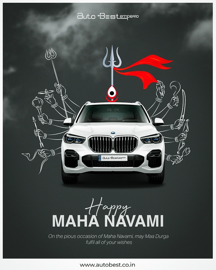 Navratri creative ad: White luxury SUV front view with Durga's weapon-bearing arms drawn around it