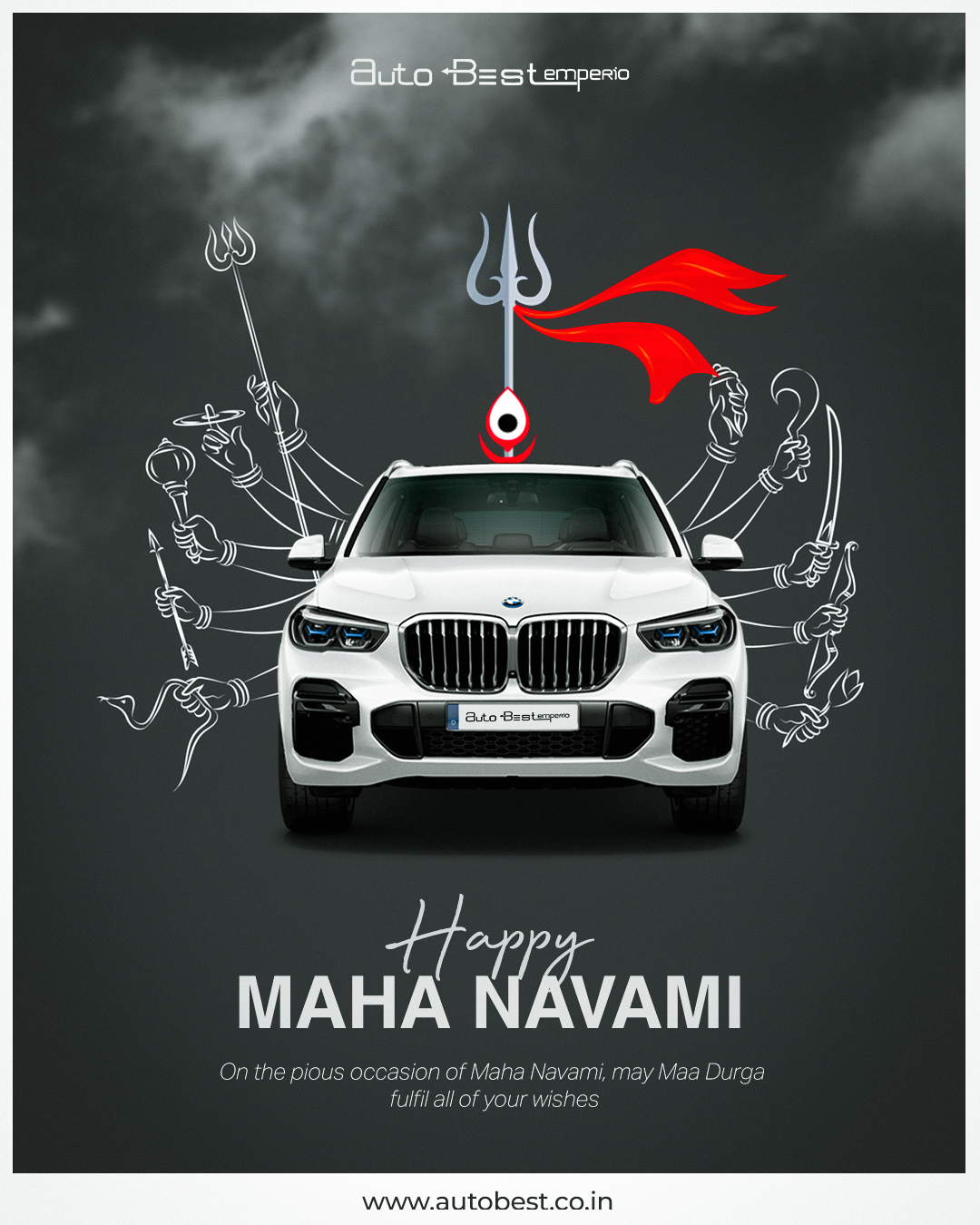 White luxury SUV front view with Durga's weapon-bearing arms drawn around it