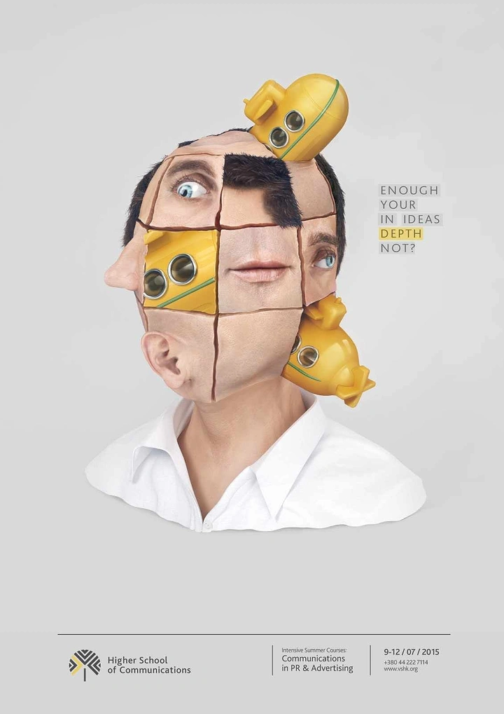 Agency creative ad: Man's head split into shuffled cube blocks with yellow toy submarines