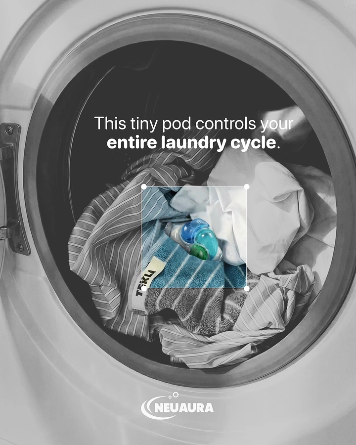 Laundry & Dry Cleaning creative ad: Grayscale drum, pod selected like design tool