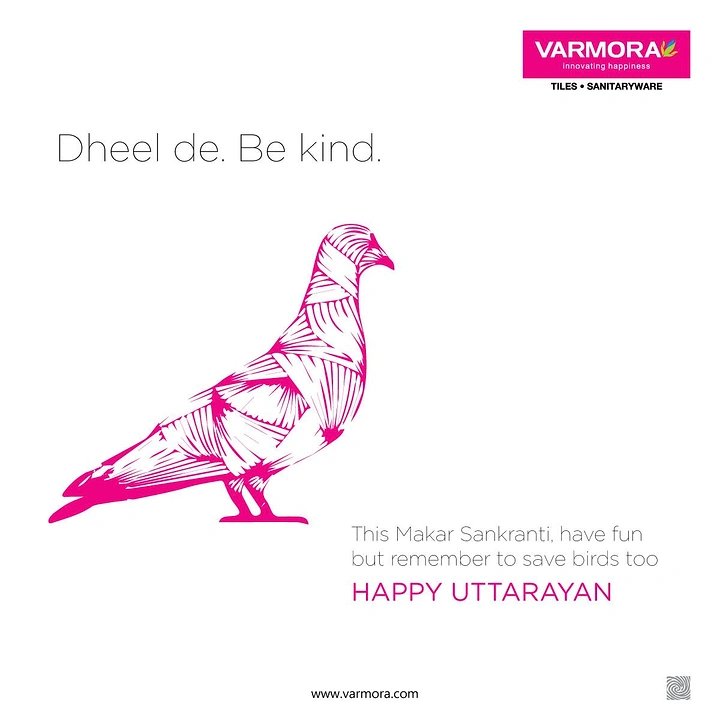 Makar Sankranti creative ad: Magenta line-illustrated pigeon wrapped in bandages