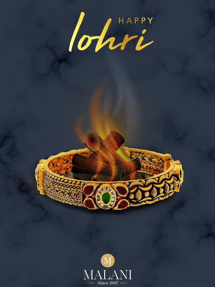 Lohri creative ad: Gold bangle cradling a Lohri bonfire