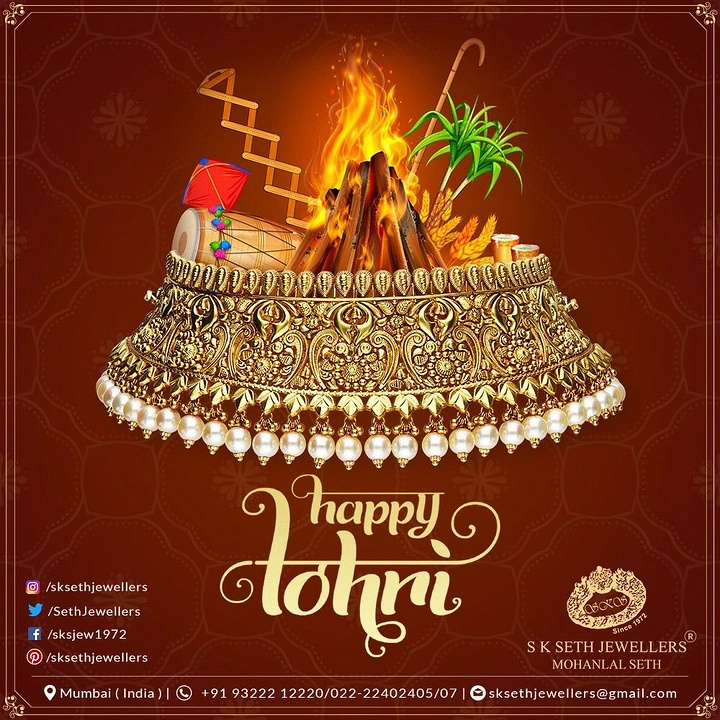 Lohri creative ad: Gold pearl choker holding a Lohri bonfire with kite, dhol and sugarcane