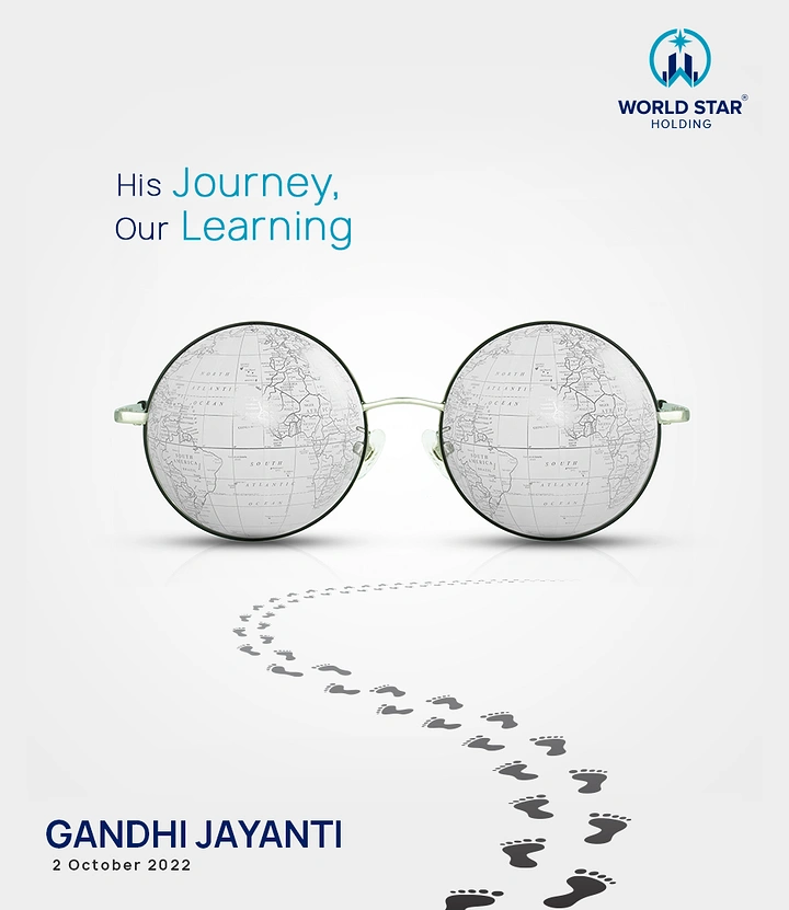 Gandhi Jayanti creative ad: Round Gandhi spectacles with grey globe-map lenses and a trail of footprints
