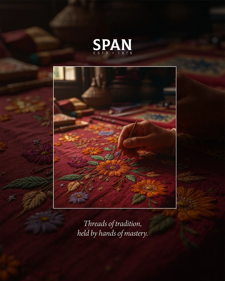 Ethnic Wear & Sarees creative ad: Framed crop spotlights embroidery craft, elegant