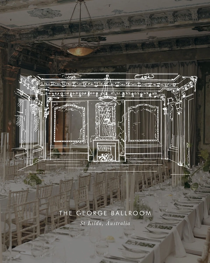 Banquet Halls & Venues creative ad: Line-sketch overlay traces ballroom architecture