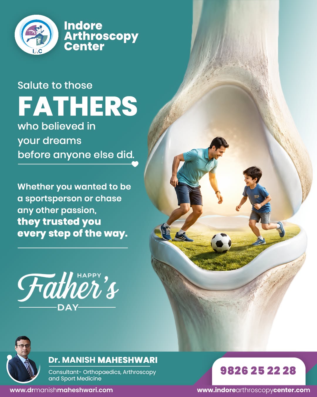 Father and son playing football inside a knee joint