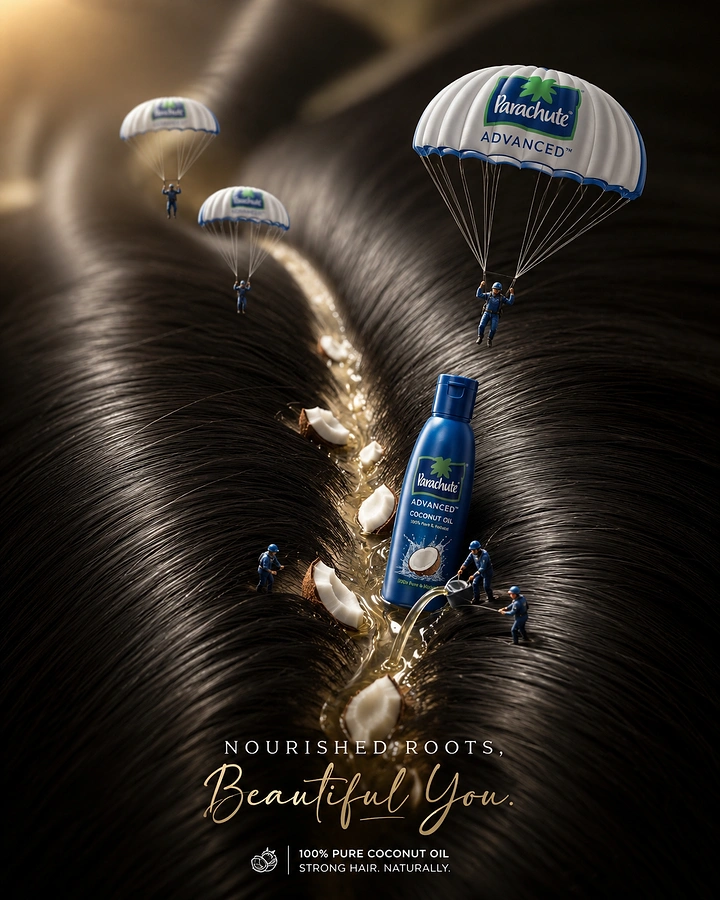 Beauty & Salon creative ad: Coconut oil bottle in a hair parting with miniature parachuting workers