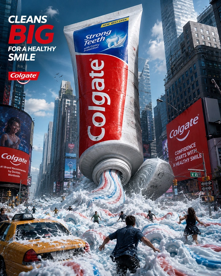 Toothpaste & Oral Care creative ad: Giant toothpaste creates a city flood