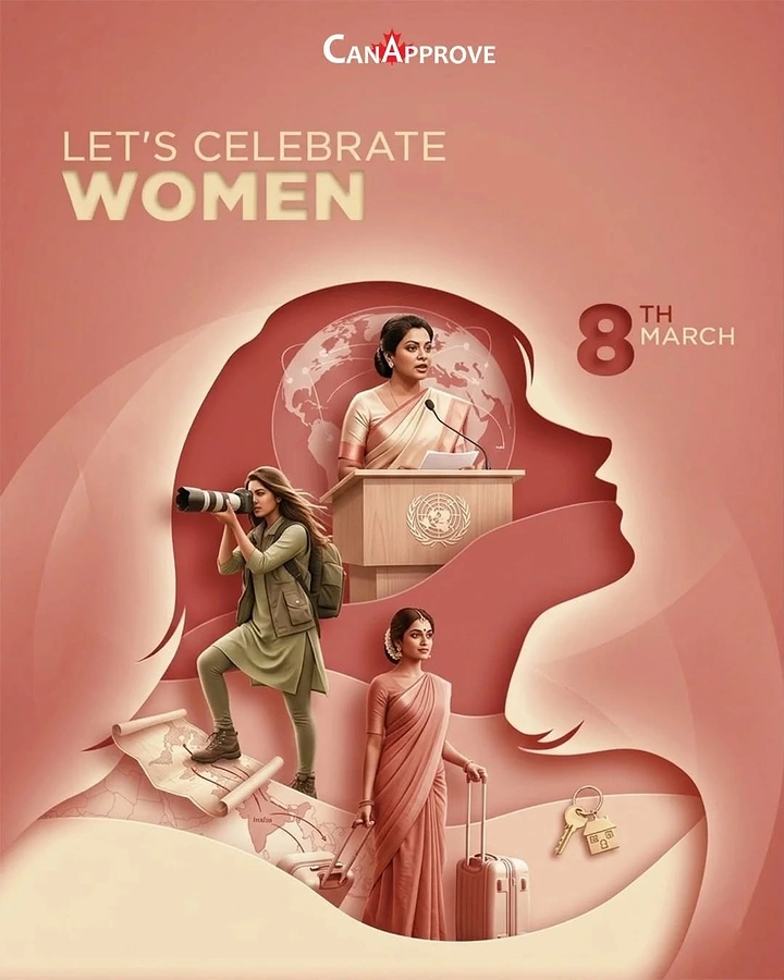Women's Day creative ad: Layered paper-cut female silhouette containing women in varied roles