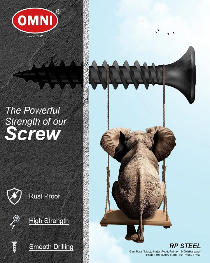 Cement, Steel & Building Materials creative ad: An elephant on a rope swing hanging from a giant screw driven into a wall