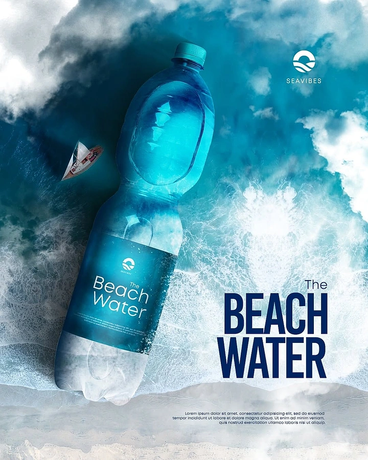 Packaged Drinking Water creative ad: Surreal floating beach-water bottle