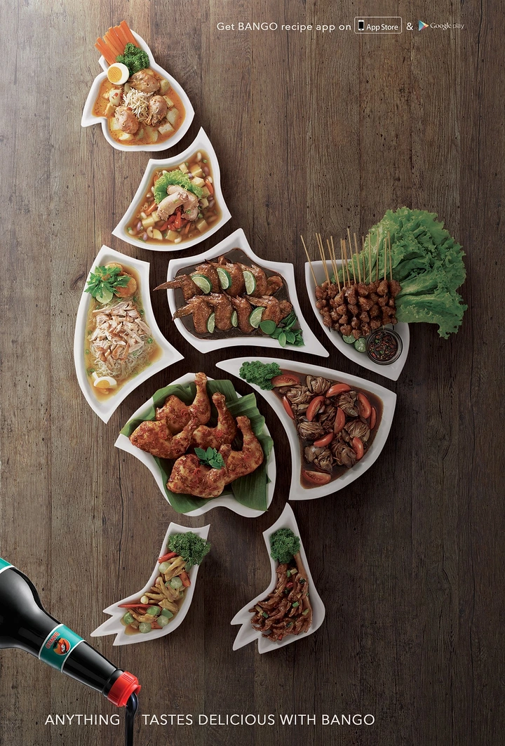 Food & Beverage creative ad: Top-down view of dishes on custom-shaped plates forming a rooster silhouette, with a sauce bottle pouring