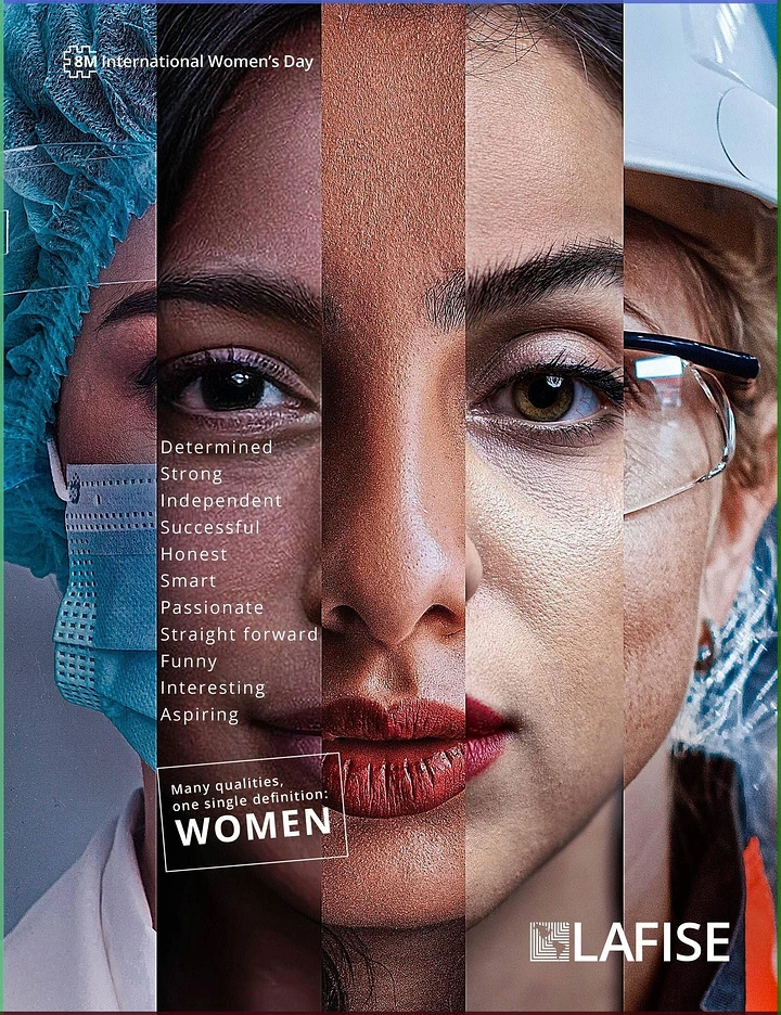 Women's Day creative ad: One composite face made of vertical strips from women of different professions