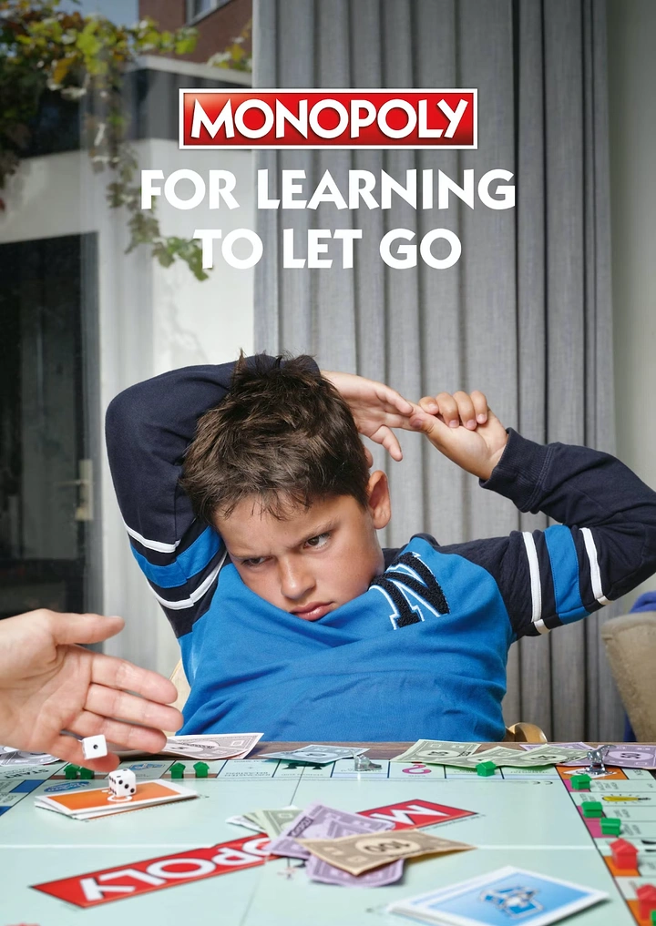 Board Games & Game Cafes creative ad: Playful Monopoly lesson about letting go