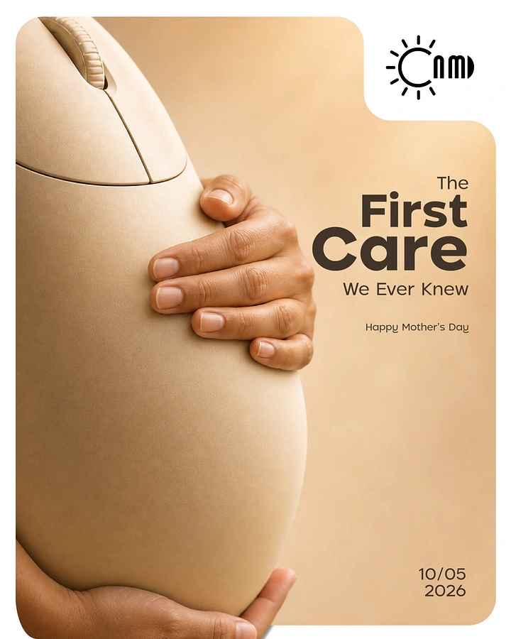 Mother's Day creative ad: Hands cradling a giant beige computer mouse shaped like a pregnant belly