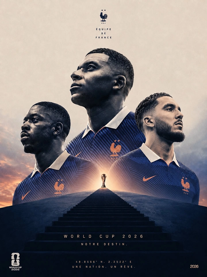 Creative ad: Three national team footballers gazing upward above a staircase leading to a glowing trophy