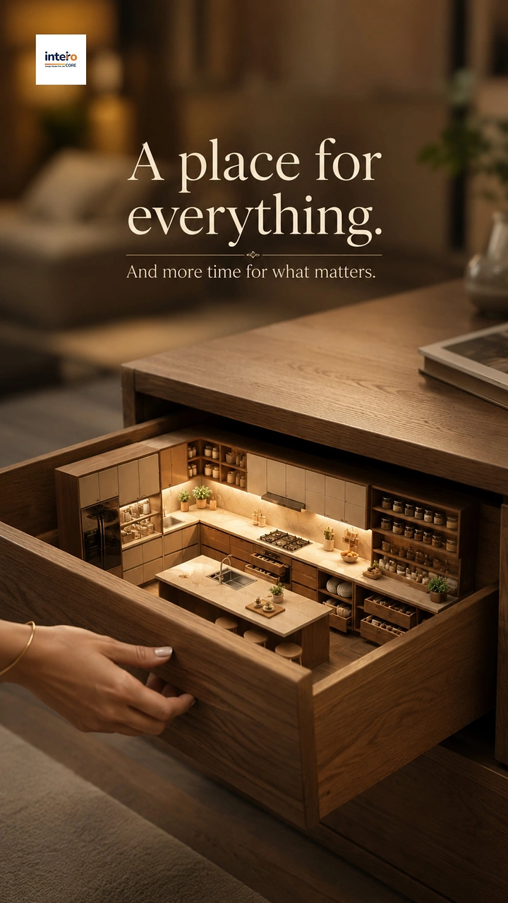 Modular Kitchens creative ad: A miniature fully fitted kitchen revealed inside a large wooden drawer