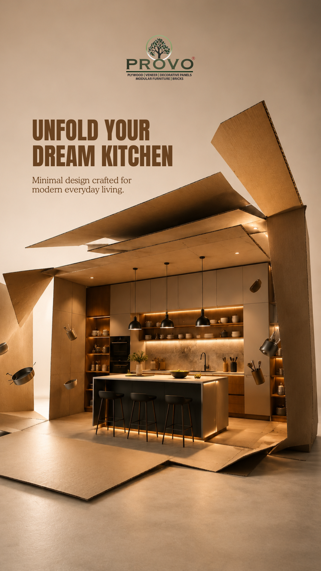 Story: Modular kitchen unfolding out of a giant cardboard box