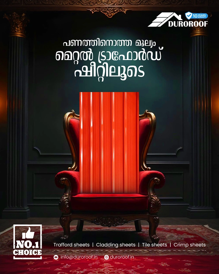 Roofing creative ad: Red metal trafford sheet forming the backrest of a regal red velvet armchair