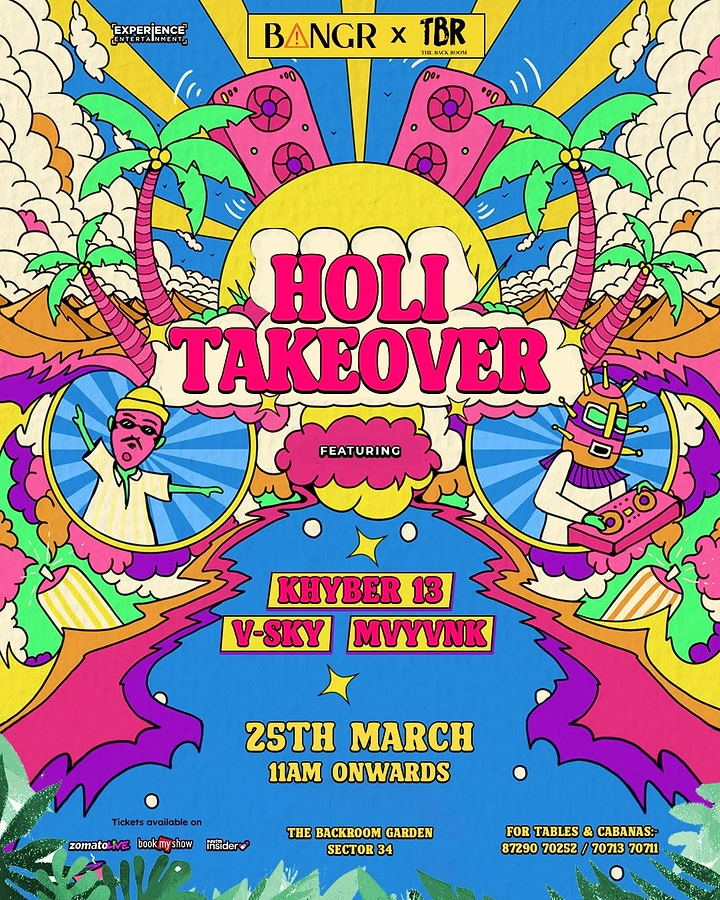 Holi creative ad: Psychedelic cartoon party scene with DJ characters