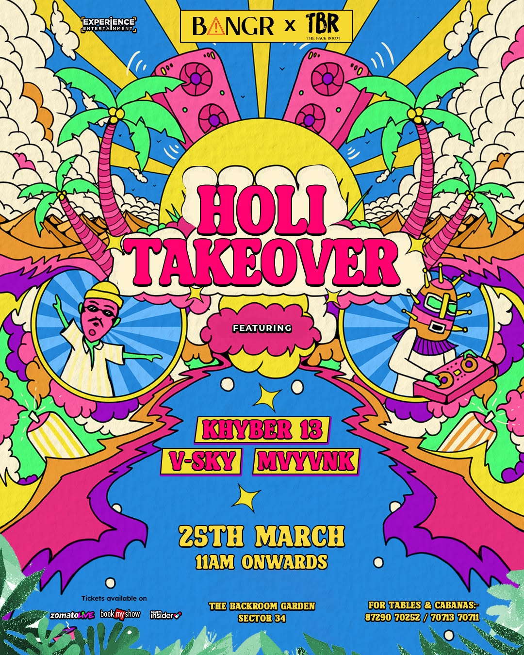 Holi Instagram post: Psychedelic cartoon party scene with DJ characters