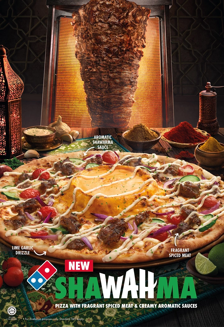 Arabic & Middle Eastern Restaurants creative ad: Shawarma spit slicing onto pizza.